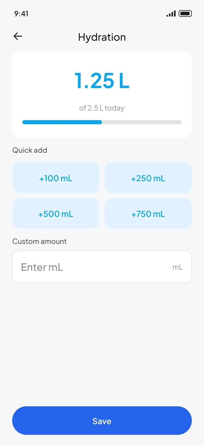 Logging water with four one-tap amount buttons